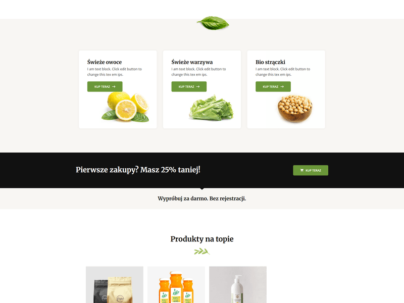 Zrzut ekranu strony internetowej Organic Store – sklepu z produktami organicznymi, widok strony głównej